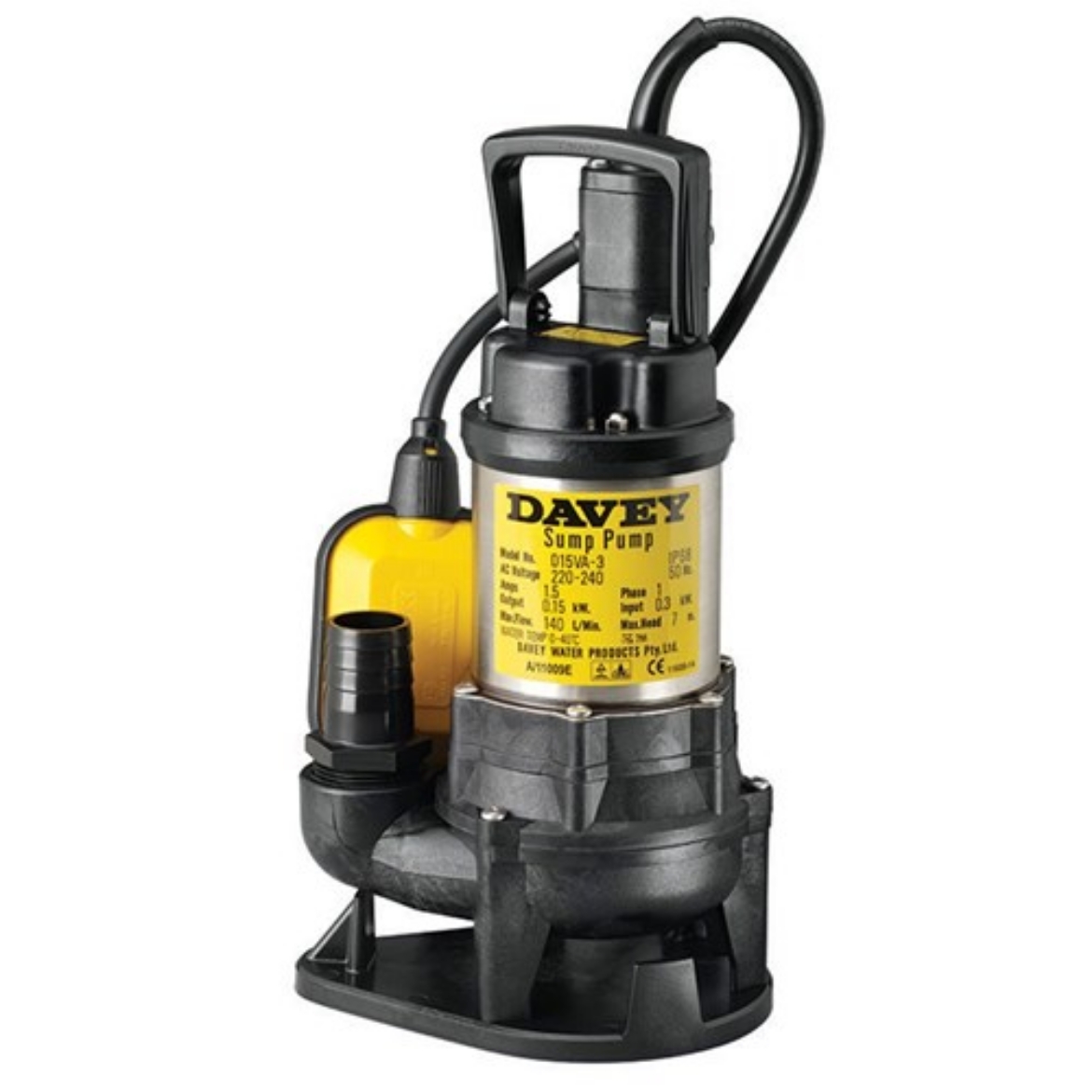 Picture of DAVEY SULLAGE SUMP PUMP Vortex 150W 240V 50Hz 1ph w/ auto float switch 1 1/4" BSPF Outlet